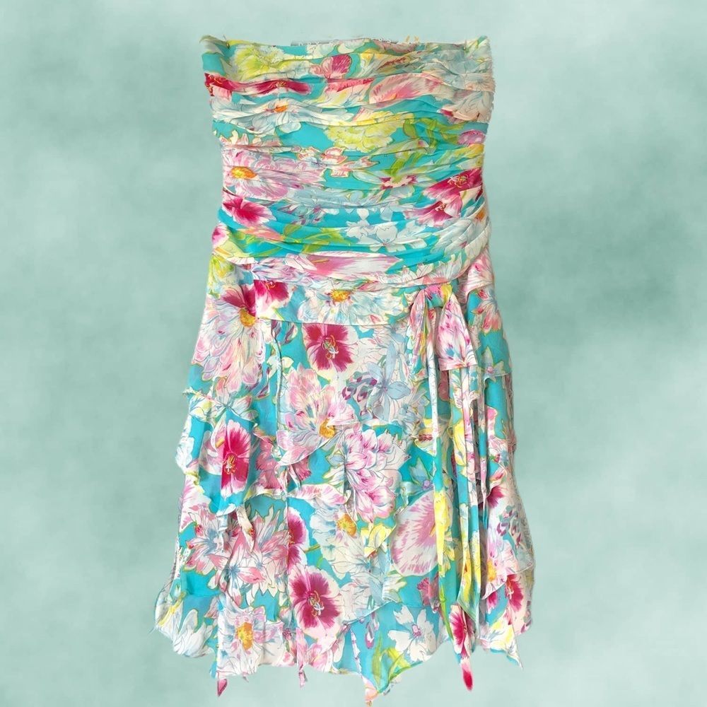 NWOT $278  Kay Unger NY | Silk |Ruffled Tier Floral Handkerchief Hem Dress